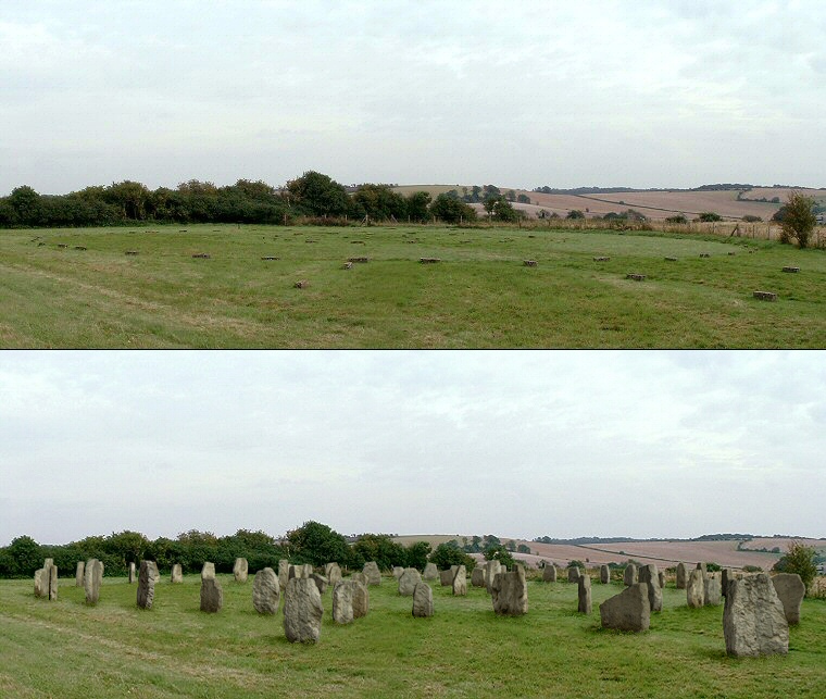 View of The Sanctuary looking roughly southeast with a reconstruction of what the stone circle phase would have looked like.