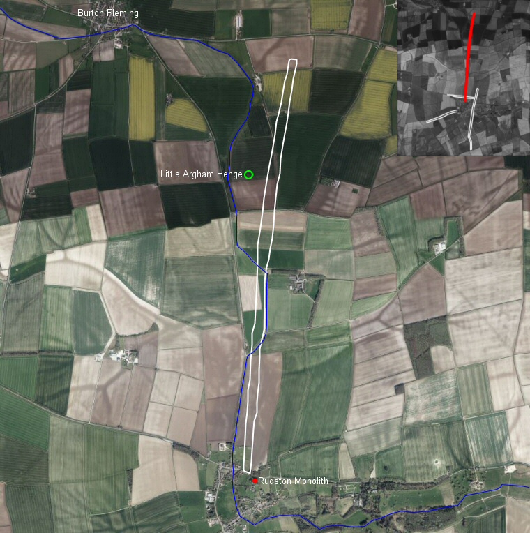 Satellite image overlaid with the course of the Argham Cursus