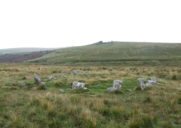 Kerb stones of the cairn at the eastern end of the double stone row at Hart Tor