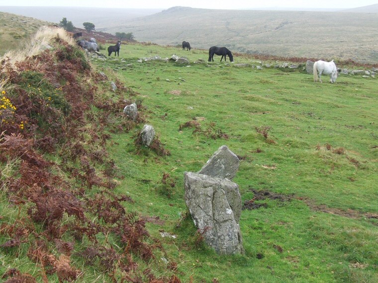 Black Tor stone row looking east towards the valley of the River Meavy