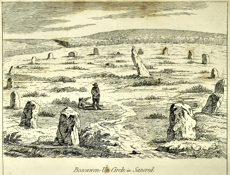 Illustration of Boscawen-un stone circle from 1827