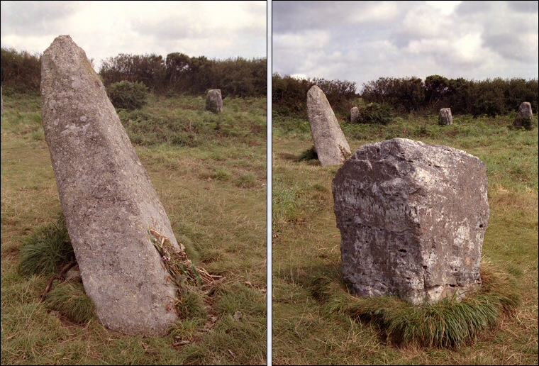 Boscawen-un circle. Left: The leaning pillar.   Right :The 
    quartz-rich stone at the west of the circle.