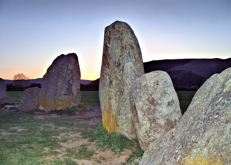 Castlerigg Stone Circle - view northwest through the entrance stones at sunset