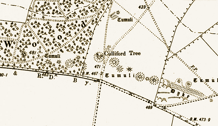 Plan of the barrows at Culliford Tree from a late 19th century map
