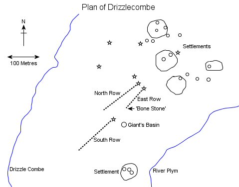 Plan of Drizzlecombe. Key - Dashed lines - Stone Rows, Stars - Cairns, Circles - Hut Circles