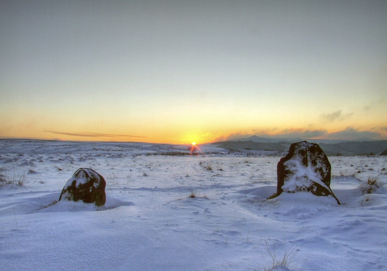 View looking southwest from Hordron Edge circle at sunset on the Winter Solstice 2009