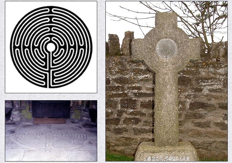 Left: Plan of Julian's Bower and a copy of the maze on the floor of the church porch. Right: Another copy of the maze on a cross in the cemetery.