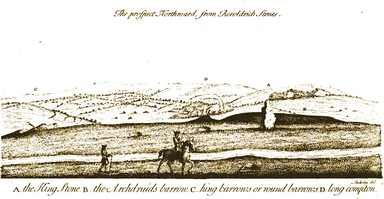 William Stukeley's illustration of the King Stone and some of the surrounding barrows at Rollright