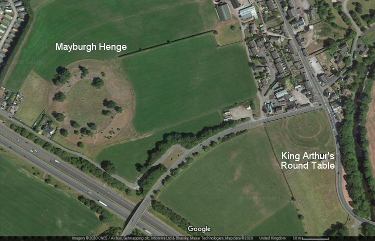 Satellite view showing the relationship between Mayburgh Henge and King Arthur's Round Table Henge