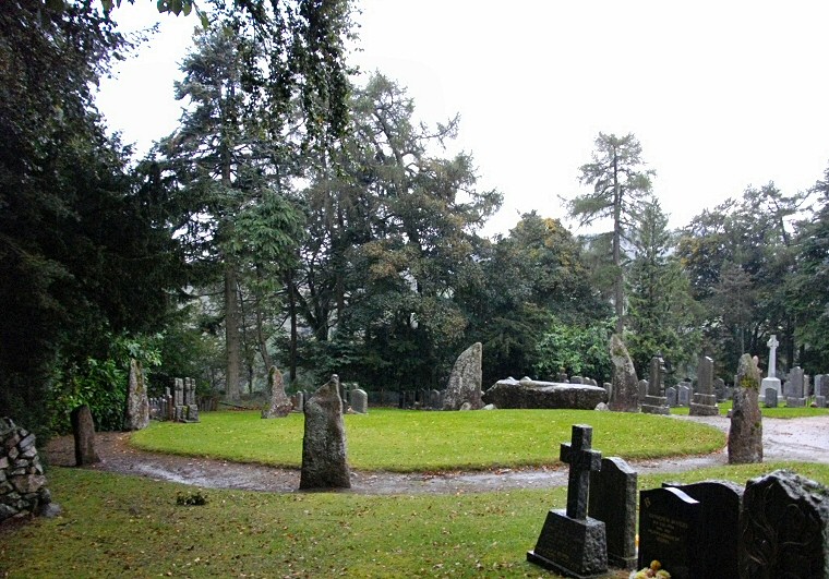 Midmar Kirk recumbent stone circle - overview of the circle from the north