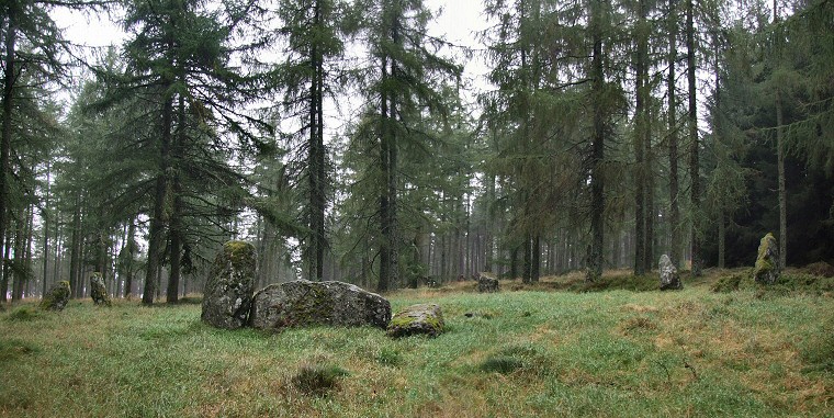 Looking northeast over the Nine Stanes recumbent stone circle