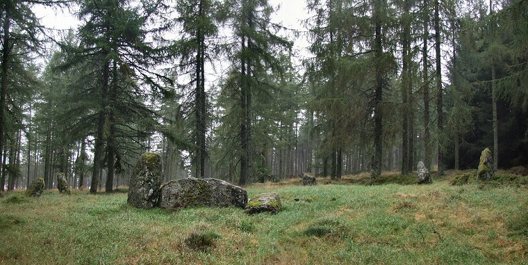 Looking northeast over the Nine Stanes recumbent stone circle