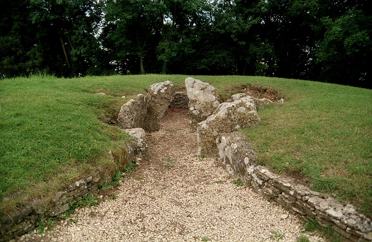 Nympsfield - Entrance with the drystone forecourt to the front with the antichamber and portal stones beyond