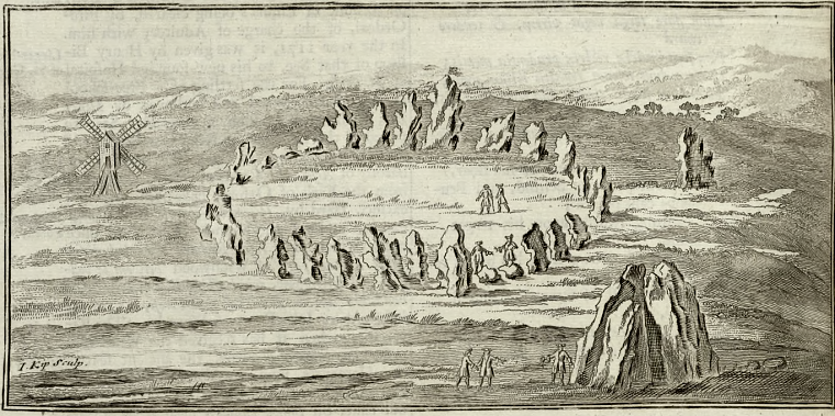 Depiction of the King's Men Circle, The King Stone and the Whispering Knights at Rollright from Camden