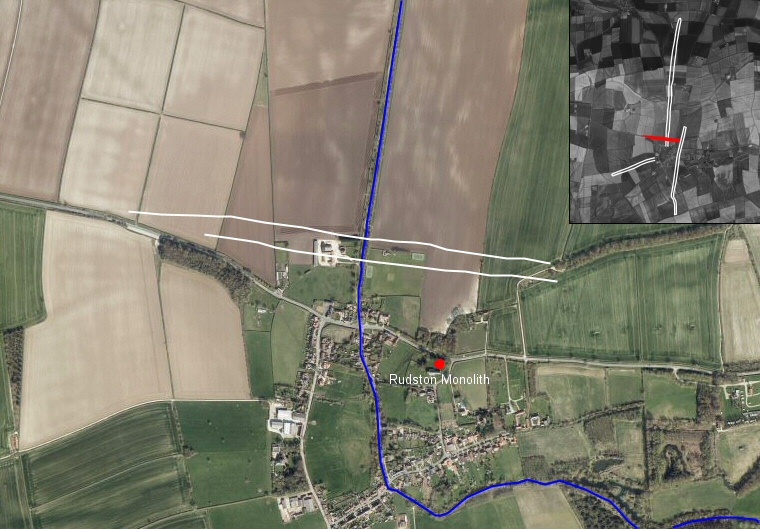 Satellite image overlaid with the course of Rudston Cursus C