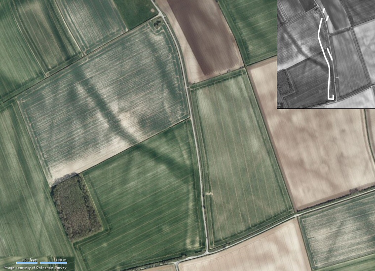 Satellite image of the cropmarks at the southern end of Rudston Cursus A