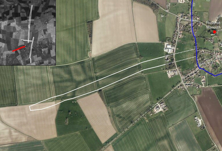 Rudston Cursus B satellite image overlaid with outline of the cursus