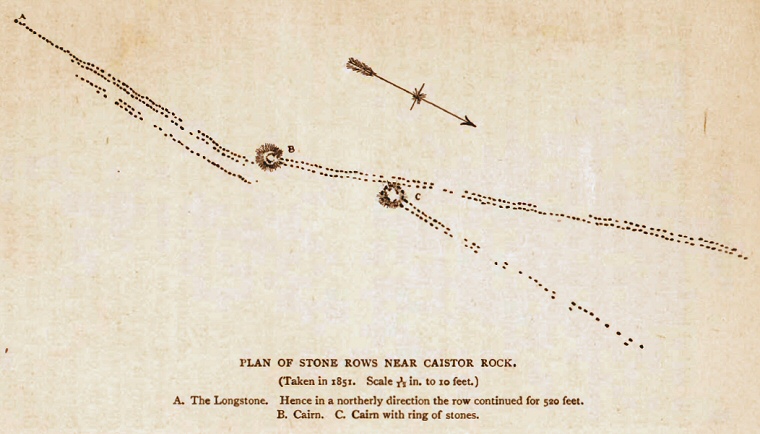 Illustration of some of the stone rows at Shovel Down in 1851 by Baring Gould