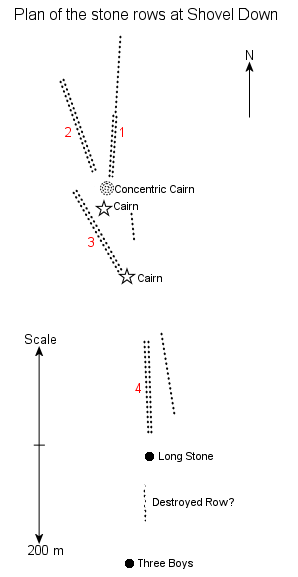 Plan of the stone rows, cairns and standing stones of Shovel Down