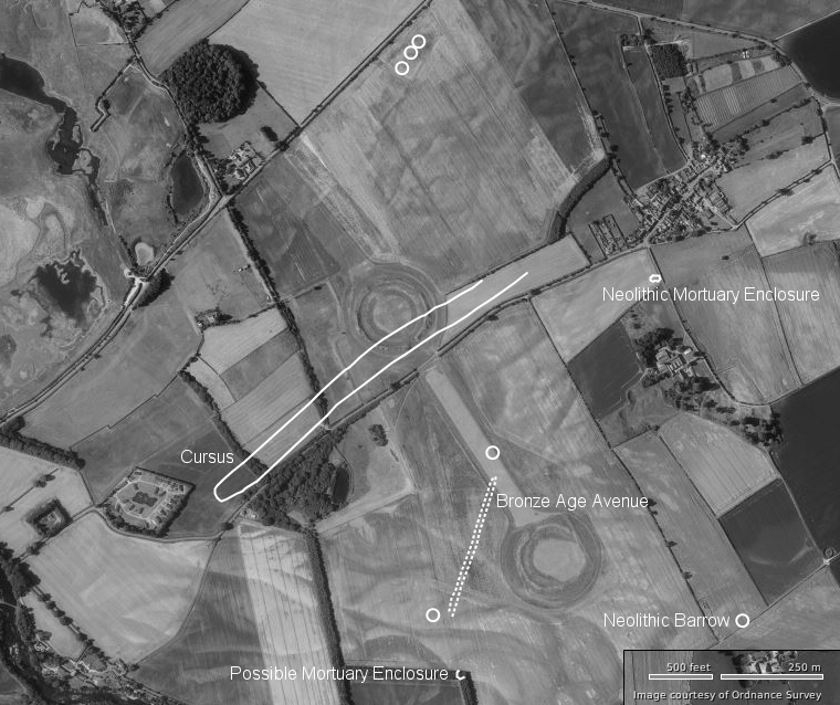 The known course of cursus and some of the other monuments of the Thornborough Henge complex