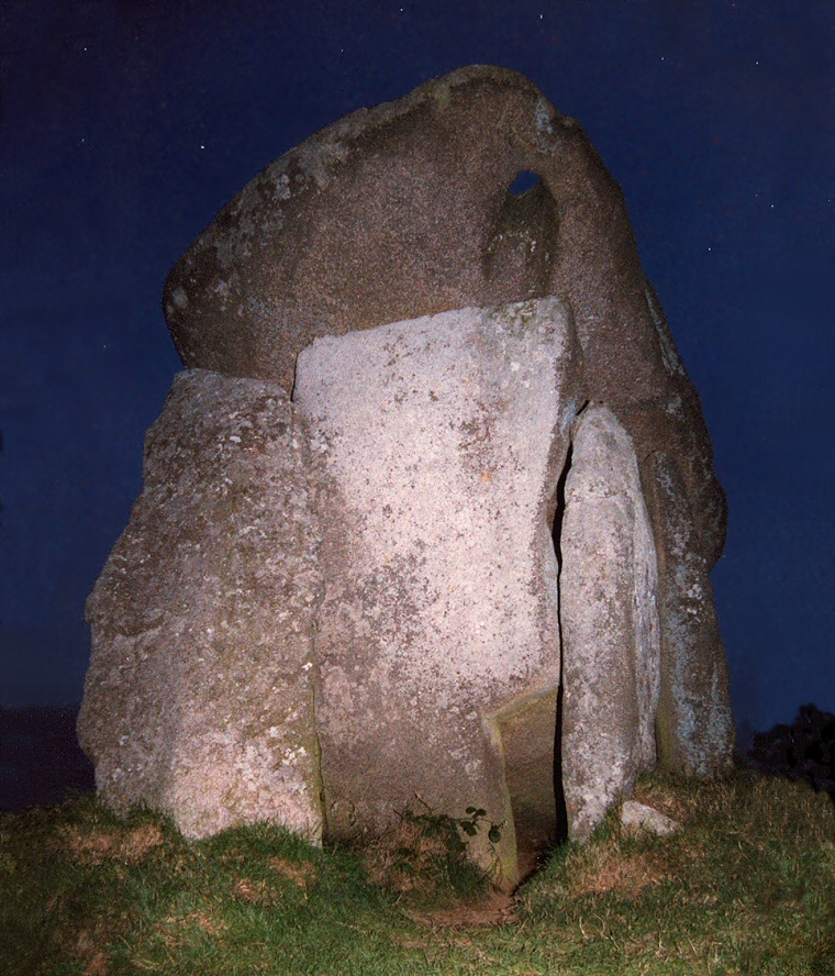 Trethevy Quoit by night looking northwest