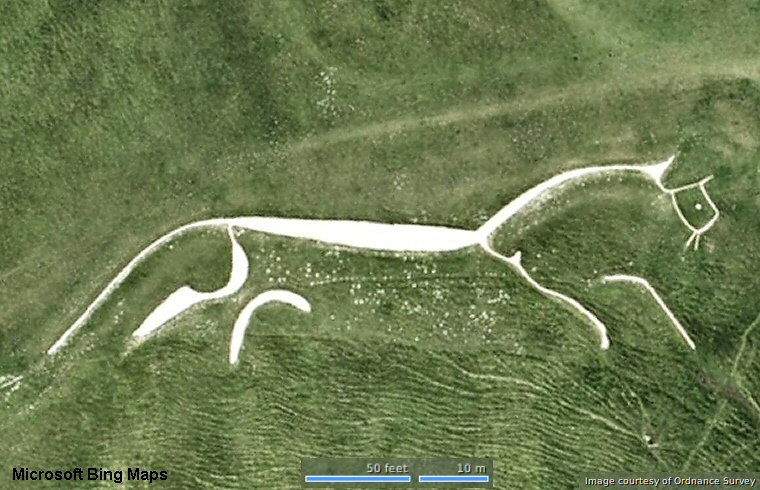 Bing satellite view of the Uffington White Horse