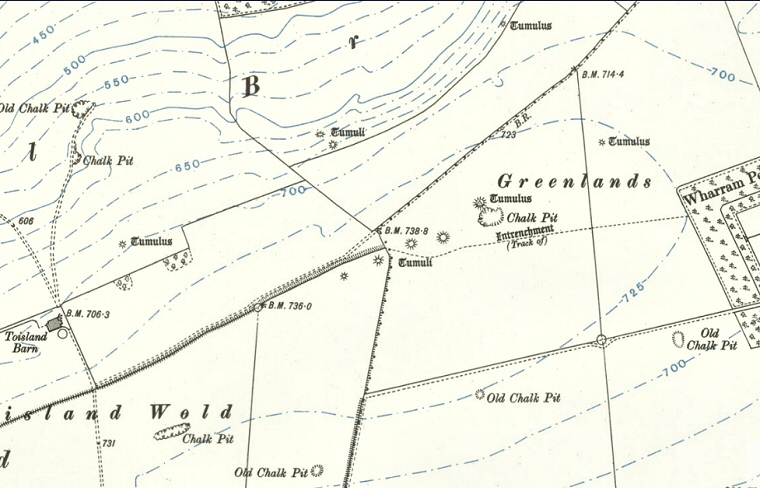 Ordnance Survey map of 1911 showing ten of the barrows along Birdsall Brow