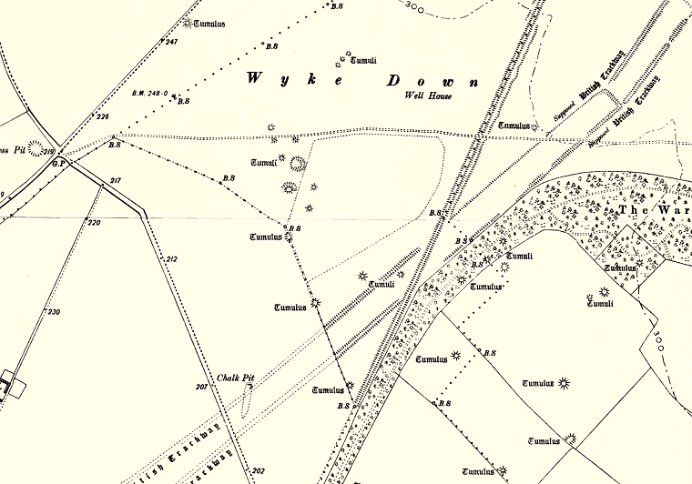 Plan of the barrows at Wyke Down from a 19th century map which also shows part of the Dorset Cursus