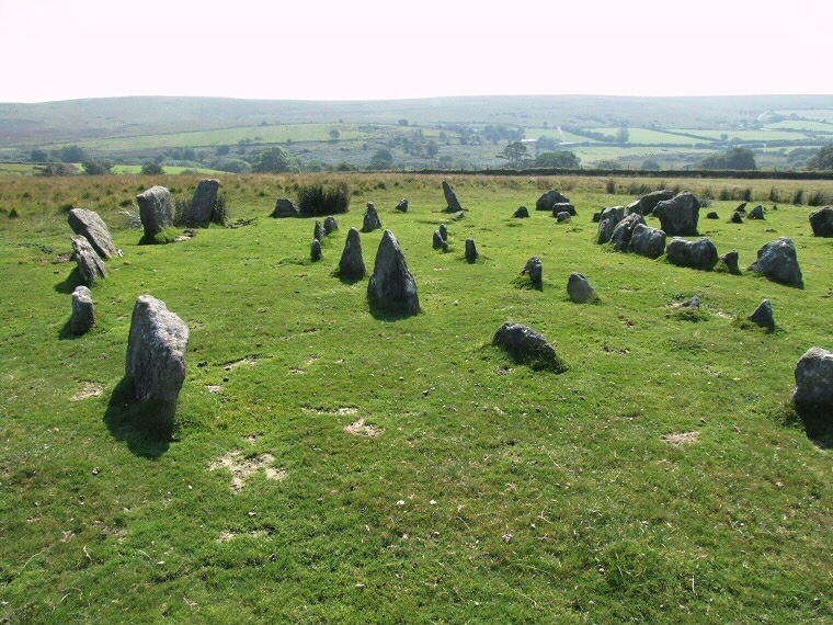 View across the four rings looking southwest over Sheepstor Brook towards Ringmoor Down