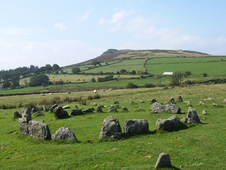The central cairn circle of the Yellowmead looking northwest towards the hill of Sheeps Tor
